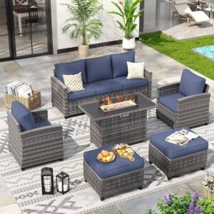 All-Weather Wicker Rattan Outdoor Conversation Set with Ottoman for Poolside, Backyard, Gray Wicker Navy Blue Cushions